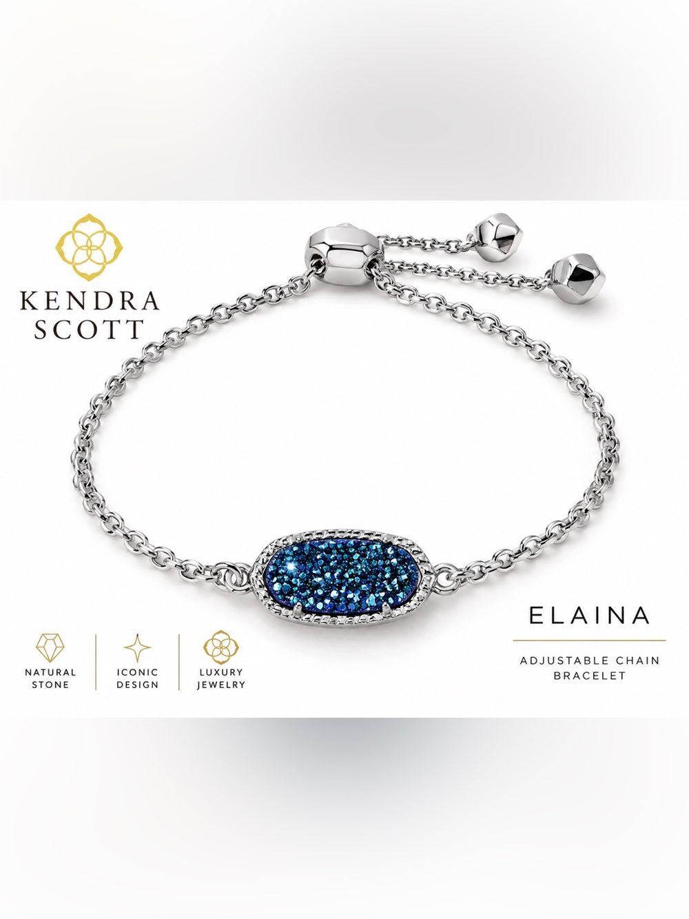 Kendra Scott Elaina Silver Blue Drusy Adjustable Chain Bracelet NWT